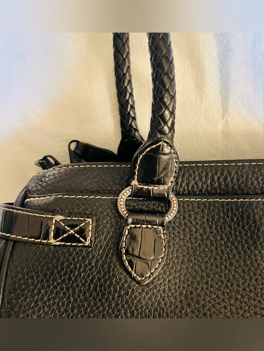 Brighton Black Pebbled Satchel Double Handles Zip Heart Charm Inner Pockets*